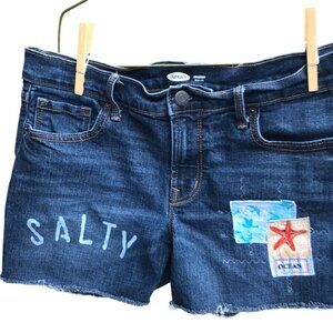 Upcycled Old Navy Cutoff Jean Shorts, Patchwork Painted Ocean, Size 8 Junior